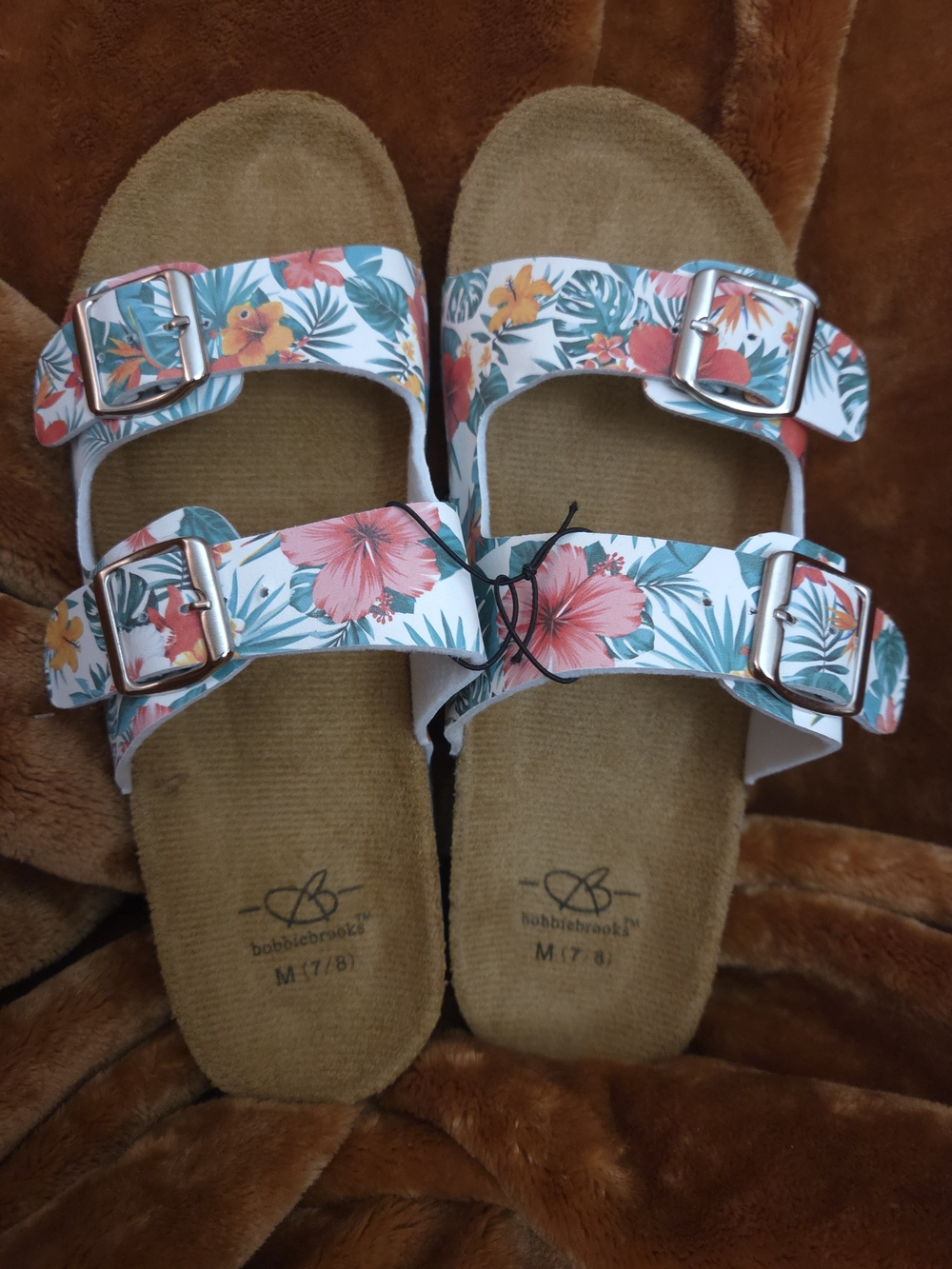 Bobbie Brooks Floral Double-Buckle Sandals - White with Pink and Teal